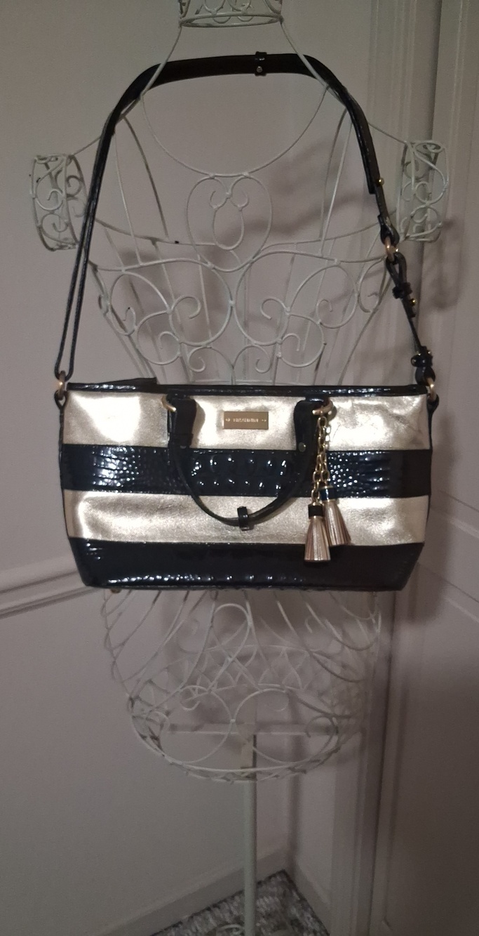 Brahmin Black and Gold Striped Patent Shoulder Bag